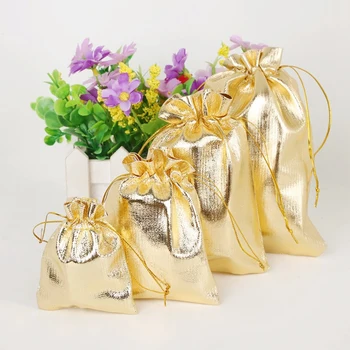 100ШТ Златна Фолио Органза Чанта Бонбони Подарък Пакети Коледна Украса за Сватба Парти Полза на Чантата за Опаковане на Подаръци Чанти Дантела Чанта