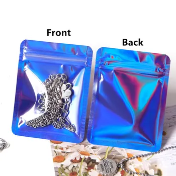 100ШТ Лазерни Цветни Прозорец Шоу с Цип Пакет Колие Опаковъчен Чанта Пластмасова Предна Прозрачна Дъга Бижута Малък Блестящ Торбичка