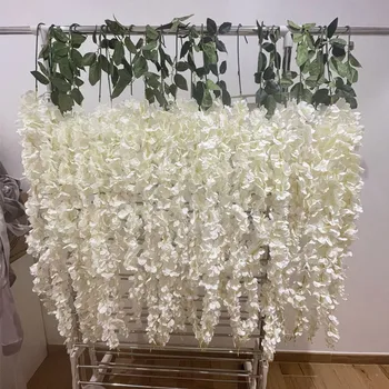 20 бр/лот бяло цвете глициния от ратан с листа за сватбени партита, украса на стаята, стенен декор на едро, 90 см