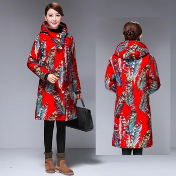 2018 дамски националната вятърна печат в китайски стил с качулка плюс бархатное палто топла дълъг дебел памучен яке TB18902