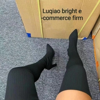 2022 Дамски Ботуши-носочки, Модни Възли Ластични Чорапи с остри Пръсти, за Жени, Черни Дамски Ботуши над коляното на висок ток