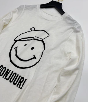 2022 Есен Нова Памучен тениска на френски дизайн, С Дълъг Ръкав и Принтом Усмихнато лице