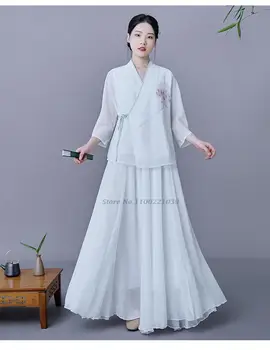 2022 китайски традиционни върховете hanfu, дамски блуза с флорални принтом, традиционна шифоновая чаена блуза в морски стил, с костюм hanfu oriental tang