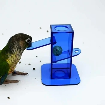 594C Играчка за Хранене на Птици Прозрачна Синя Акрилна Кутия със Златен Метална Камбана, Улучшающая Интелект за Папагал Cockatiel Parakeet