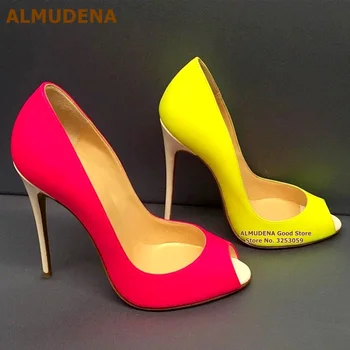 ALMUDENA/Неонови жълто-розови Сватбени обувки с отворени пръсти, Дизайнерски бели обувки-лодка на висок ток-висок ток, вечерни обувки-лодка без закопчалка