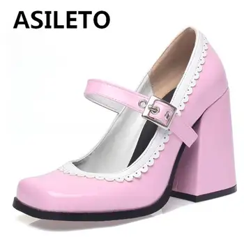 ASILETO/Нови дамски обувки-лодка с квадратни пръсти на блок ток 9,5 см, с каишка и катарама, големи Размери 34-46, Разноцветни сладки обувки за срещи, Пролет, S4191