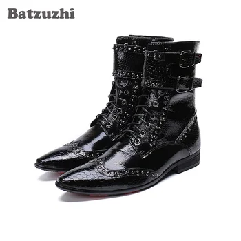 Batzuzhi/модерни кожени мъжки обувки в стил милитари с остри пръсти, botas hombre, мъжки ботильоны черно на цвят в корейски стил с катарами, големи US6-12