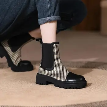 Botas Retro de alta calidad para mujer, botines cortos de tela de algodón y cuero partido, a la moda, color негър y marrón,2021