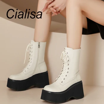 Cialisa/Обувки до средата на прасците на платформата; Новата есенно-зимни обувки с кръгло бомбе; дамски обувки с цип от естествена кожа с Високо качество на масивна ток