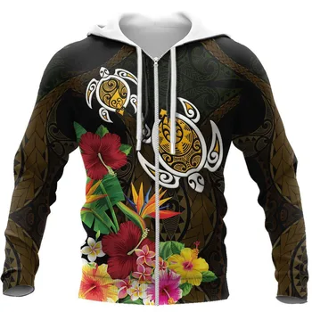 CLOOCL Полинезийски Блузи С Качулка На Цип 3D Графични Спортни Ризи Костенурка Полинезийски Тропически Лист Франжипани Hoody Модни Джобовете на Върховете