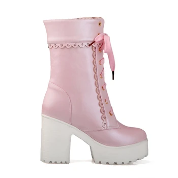 COOLULU/Обувки до средата на прасците дантела, Зимни обувки, Дамски обувки на платформа и Висок ток, Сладки Розови Дантелени ботильоны, обувки в стил 