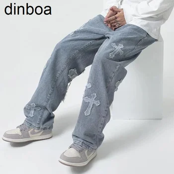 Dinboa-големи Кръст-хип-хоп Свободни Мъжки Дънки Панталони Женски Мъжки Градинска Облекло Широки Дънки Панталони Приятеля Y2k Дънкови Панталони, Дънки