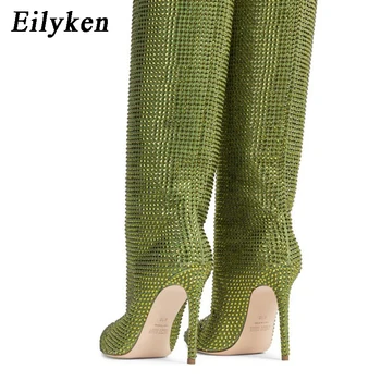 Eilyken/дамски ботуши до коляното с остри пръсти, с ярки цветове и кристали, Новост 2023 г., Пикантни есенно-зимните обувки на висок ток, по-големи Размери 42 43