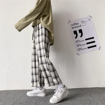 HOUZHOU/ Регистрирани Дамски Панталони, Безплатни Ежедневни Панталони В Клетка с Размер Оверсайз, Пролетно-Есенни Улични Корейски Модни Широки Панталони Harajuku