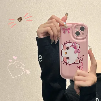 Kawaii Sanrio Hello Kitty Калъф за Iphone 13 12 11 Pro Max Xr Xs Max X Y2K Сладко Момиче Карикатура Анимация устойчив на удари Мек Калъф Подарък
