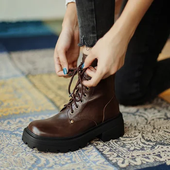 LIBIELIY/дамски обувки от естествена телешка кожа; Ботильоны на платформата в британския стил; Ботильоны на равна подметка с шнур и квадратни пръсти