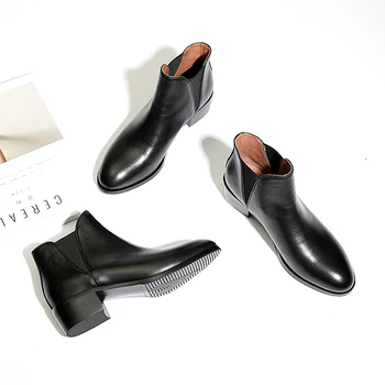 LIBIELIY/ Красиви есенни нови черни къси ботуши от естествена телешка кожа в дебела подметка и средно обувки, дамски обувки 