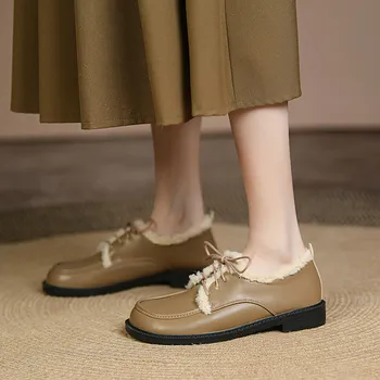 MEMUNIA/нов прием на 2022 г.; зимни обувки; Дамски обувки от естествена кожа, с Кръгли пръсти дантела; Удобни ежедневни дамски обувки на плоска подметка