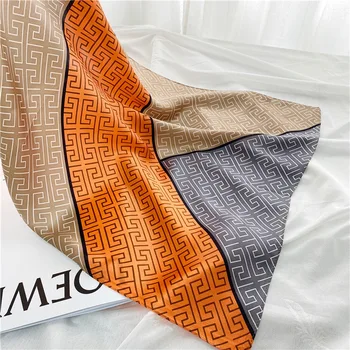 OMEA копринен дълъг шал, дамски оранжеви райета кърпа в стил мозайка, забрадка, луксозни шапки, двустаен, обзаведен модерен шал, Геометричен