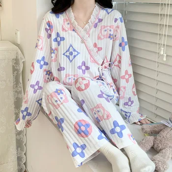 Sanrios Cinnamoroll Kawaii Аниме Рисунка дамски следродилна памучен Пижама с Регулируем колан за бременни и кърмещи домашно облекло