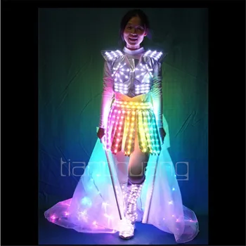 TC-132 Женски led костюми, пълноцветен ярка светлина пола за парти, облекла за танци балната зала, дъждобран за танци, светлинен рокля, програмируеми плат RGB