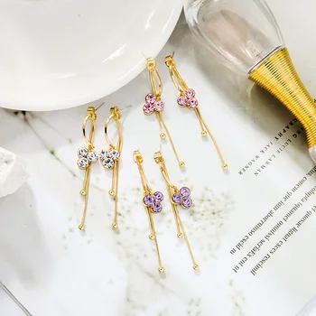 Uer Нежен Бял Розов Purple Crystal Малко Цвете Висящи Обеци За Жените Златен Цвят Месинг Висящи Обеци, Модни Бижута