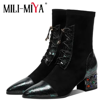 VLADO-MIYA/модни дамски ботильоны в стил мозайка, удобни ботильоны с кристали на Дебелите Квадратен ток, дантела, с остри пръсти, дамски обувки за Сватбени партита