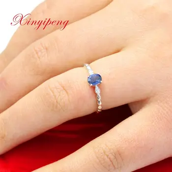 Xin yi peng 18 k бяло злато, инкрустированное натурален овални сапфирен пръстен 4*5 мм, женски прост пръстен за рожден ден, подарък за годишнина