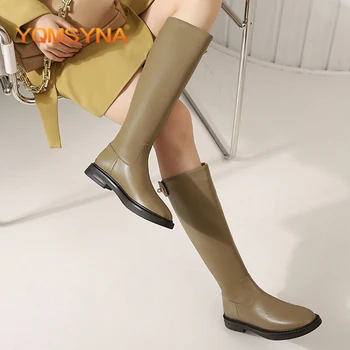 YQMSYNA/модни дамски обувки От естествена кожа, с кръгло бомбе и метална декорация, Високи ботуши, удобни обувки на нисък ток на мълния AS346