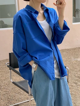 ZCSMLL Синя Риза Дамски 2022 Пролетта и лятото Новата Корейска Модни Свободна Универсална Реколта Ежедневни Дамски блуза Свободен стил
