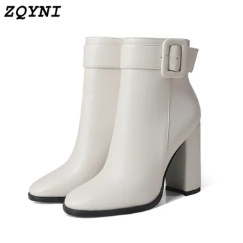 ZQYNI/ - търсените дамски обувки на Дебел Висок Ток с цип в ретро стил, Тесни обувки на платформа с остри пръсти, Бели, Черни, Кафяви, Големи 43