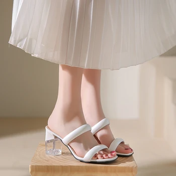 Бели Дамски обувки на висок ток 8 см, Лятна Новост 2022 година, Дизайнерски Джапанки с кристали, Сандали, Чехли, Дамски официални Обувки-лодки, Mujer