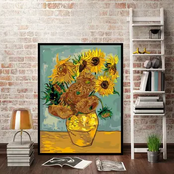 Боята по номера на боята е с цветна попълнете пейзаж цветя Ван Гог слънчоглед лечение на скука, ръчно рисувани цифрова картина с маслени бои