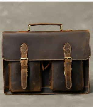 Висококачествен натурален мъжки портфейл от телешка кожа crazy horse, кафява чанта в ретро стил от естествена кожа, адвокатска чанта за лаптоп, чанта-месинджър