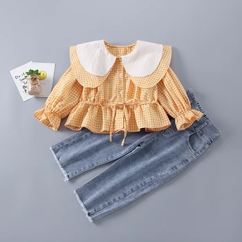 Висококачествен Пролетен Комплект дрехи за момичета от 2 до 7 години, Новост 2021 г., Модни и Ежедневни Риза в клетката + Дънки, Детски Дрехи за Момичета