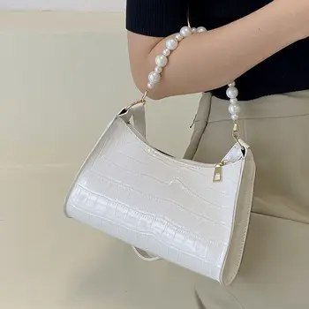 Висококачествена чанта за франзела с перли и крокодиловым tide модел 2022, нова универсална дамска ръчна чанта на рамото, малка квадратна чанта