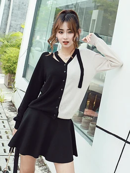 Вязаный жилетка топ женски лято есента корейската мода рамото контраст темперамент крайградски вязаный пуловер 2022