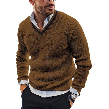 Вязаный Пуловер в Контрастен цвят с V-образно деколте, мъжки Модерен Тънък Вязаный Топ в стил харадзюку с дълги ръкави, есенно-Зимния Пуловер с Дъното, мъжки