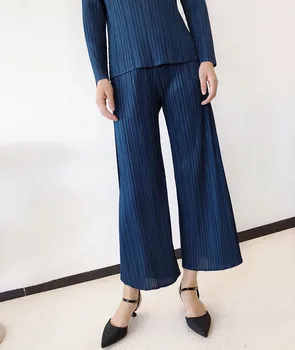 ГОРЕЩА РАЗПРОДАЖБА, модна тениска Miyake с яка издържа от твила с дълъг ръкав + панталони с прав штанинами, комплект от две части, В НАЛИЧНОСТ