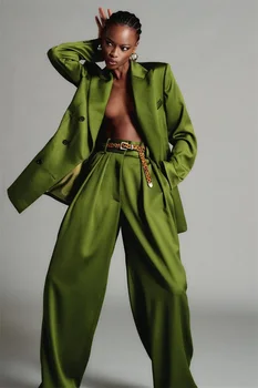 Дамски Костюми с цвят авокадо Зелен цвят, 2 броя, Блейзър с леопардовым зона, Свободна яке + Широки Панталони, Модерни Сшитое на Поръчка Вечерна рокля за Абитуриентски бал