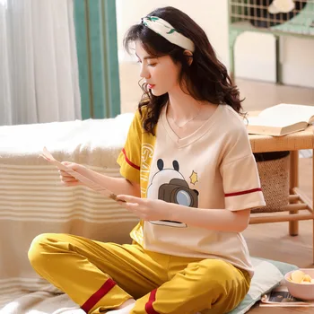 Дамски летни нови памучни пресни и на сладко корейски панталони с къс ръкав, ежедневни тънки женски пижамные комплекти от две части, пижами, пижамный комплект