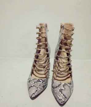 Дамски обувки на висок ток с змеиным модел, с остри пръсти, в римски стил, на Тънък Ток, с шнур, със страничен цип, Издълбани от дамски Обувки на Висок Ток