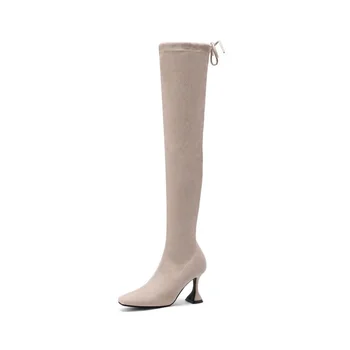 Дамски обувки; сезон есен-зима; нови модни пикантни ботуши над коляното, високи ботуши до бедрата на висок ток-копыте; големи размери 34-43; височина 9 см