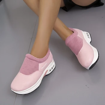 дамски спортни обувки на танкетке с дебела подметка, пролет-есен, висококачествени ежедневни обувки за пътуване от изкуствена кожа върху плоска подметка, голям размер