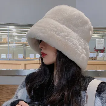 Дамски шапка, Новост 2022 г., Плюшени Рибарски Шапки за Жените, запазването на топлината през зимата, корейски стил, Дива Мода, Защита на Ушите, Шапка-кофа