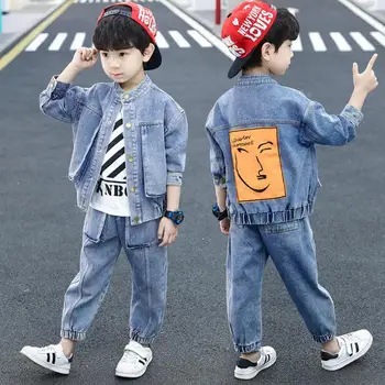 Деним костюм за момчета, колекция 2020 г., пролет-есен, Нов стил, есен облекло за по-големи момчета в корейски стил, детско палто, панталони, комплект от две части от 3 до 12 години