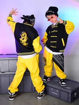 Детска Жълта широки Дрехи Kpop в Китайски Стил за момичета, Дрехи За Улични Танци в стил хип-хоп, Дрехи За джаз изпълнения, Облекло За сцена DQS8605