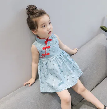 Детски дрехи рокля в китайски стил с цветен модел за момичета