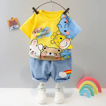 Детски костюм, ежедневни тениски с къс ръкав и кръгло деколте за момчета на възраст 0-4 години с анимационни герои + дънкови къси панталони, комплект от 2 теми, Дрехи за момичета