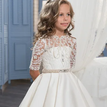 Детско сватбена рокля в Европейския и американския стил, дантела и мъниста за нокти, малка опашка, цвете, детско принцеса рокля за изпълнения